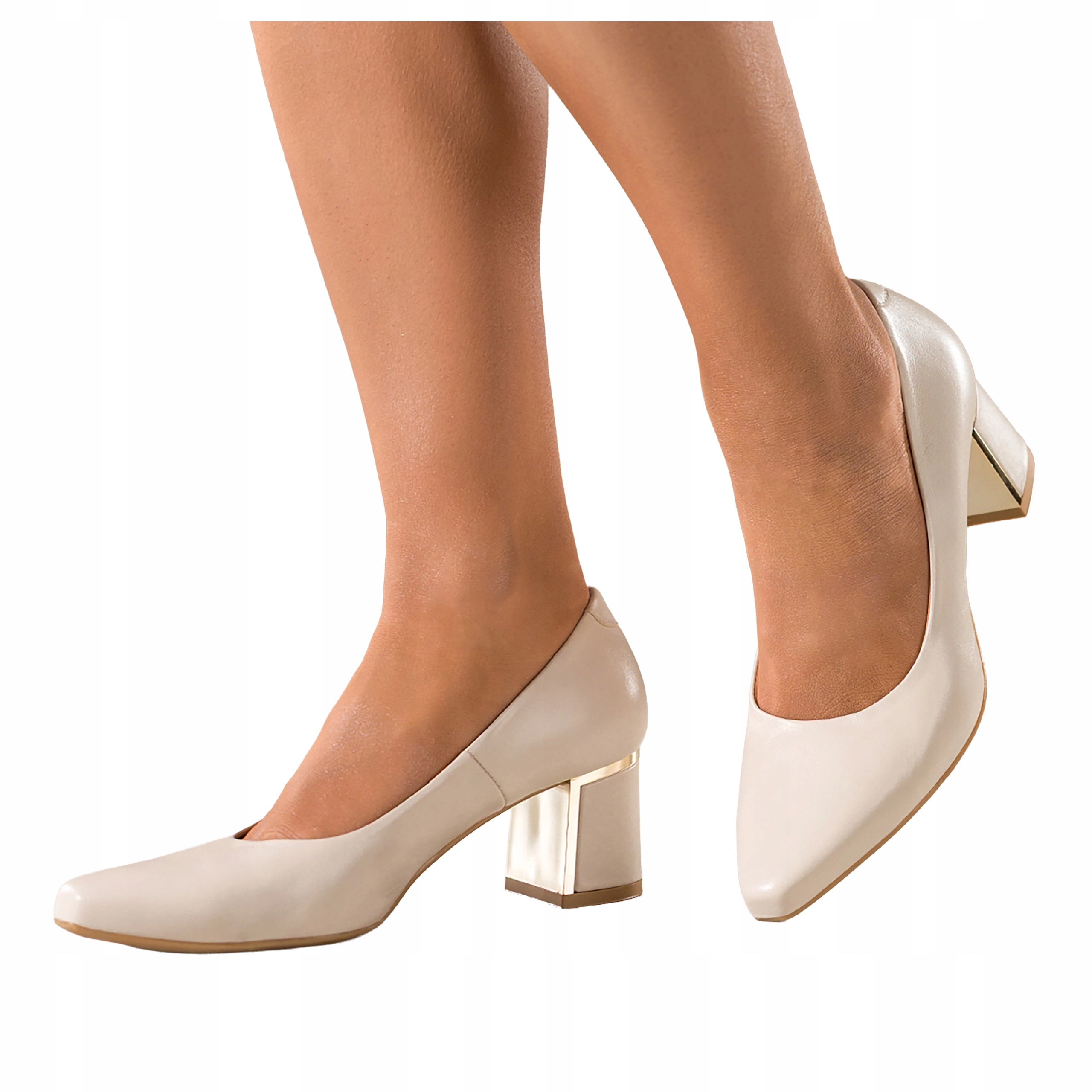 Béžové dámské kožené lodičky Široký podpatek Klocek Zlatý doplněk r 39