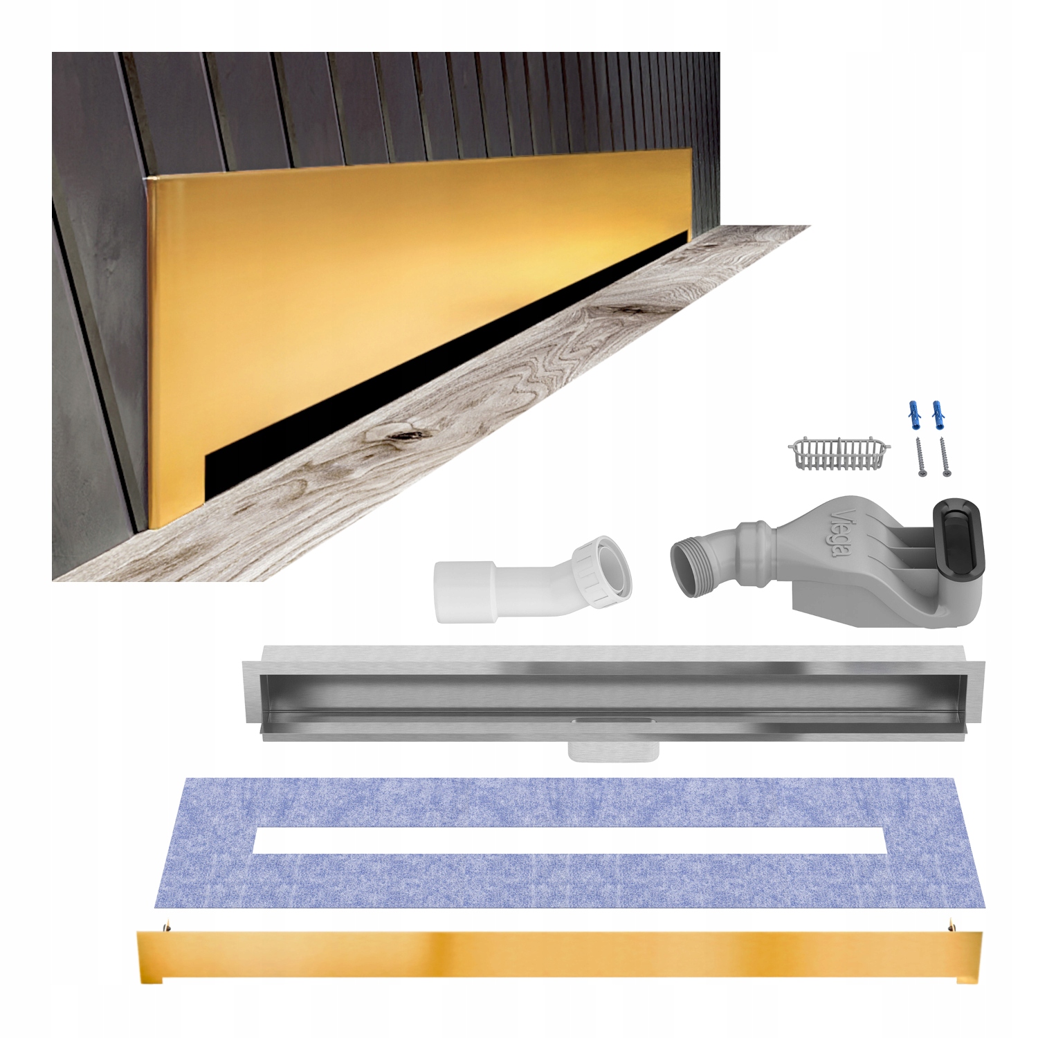 Nástenný odtok 60 cm zlatý lesk sifón Viega Wall Waterway