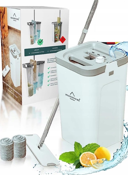 Levně Plochý Mop S Kbelíkem Wonderhome 3X Vložka Systém 3-KOMOROVÝ Odšťavňovač