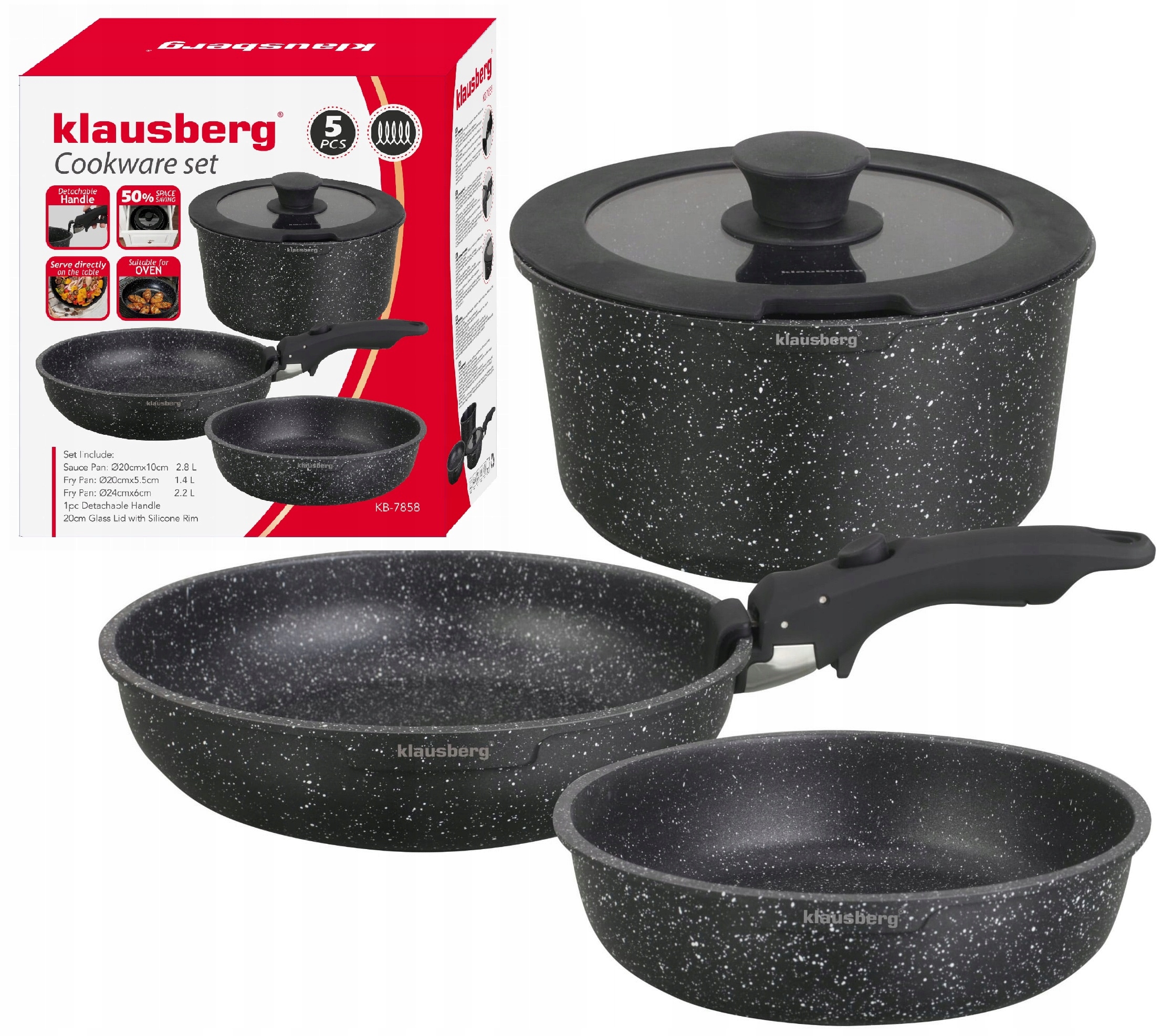 Sada s Mramorovým Povrchem Hrnec 2x Odnímatelná Pánev Rukojeť Indukce Plyn