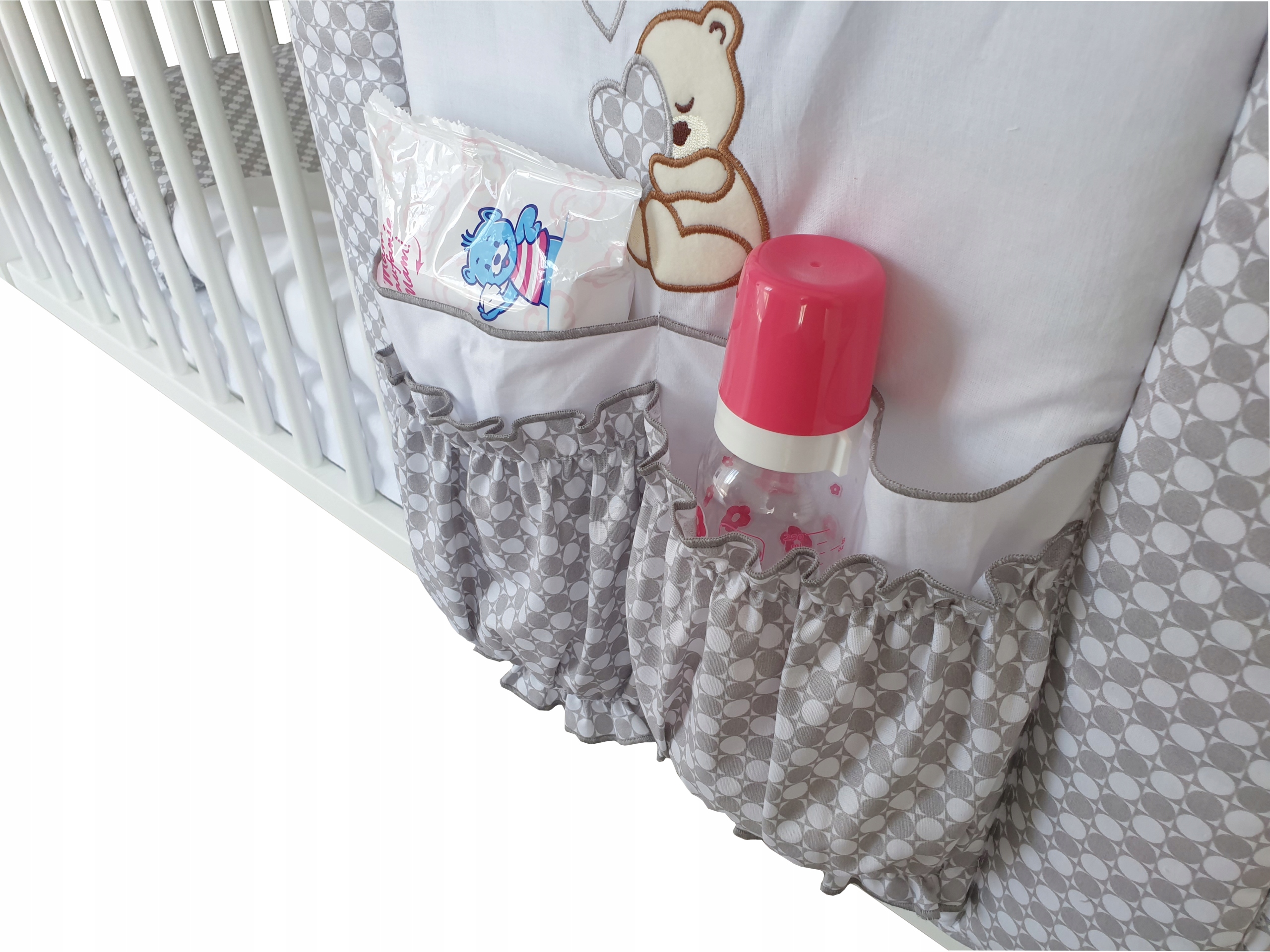 Przybornik na łóżeczko Organizer - Miś Serce Szary Płeć chłopcy