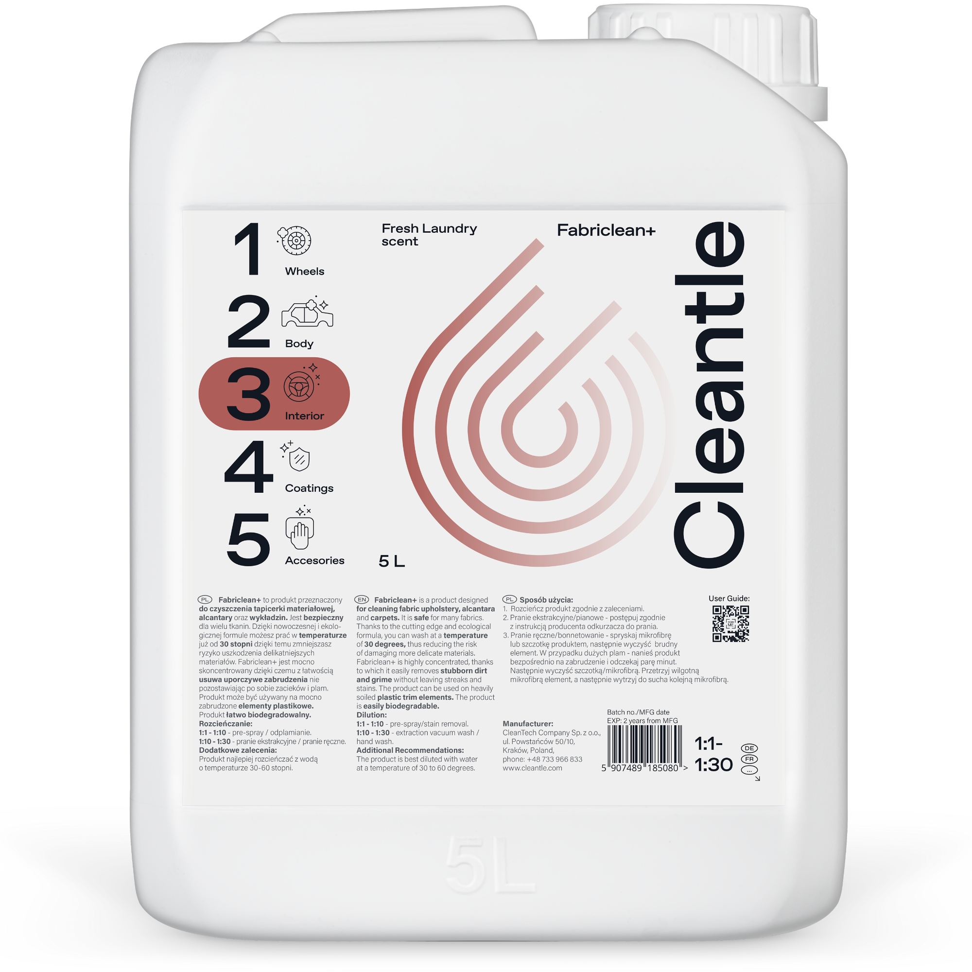 CLEANTLE _ ŚRODEK DO CZYSZCZENIA TAPICERKI MATERIAŁOWEJ FABRICLEAN+ 5L