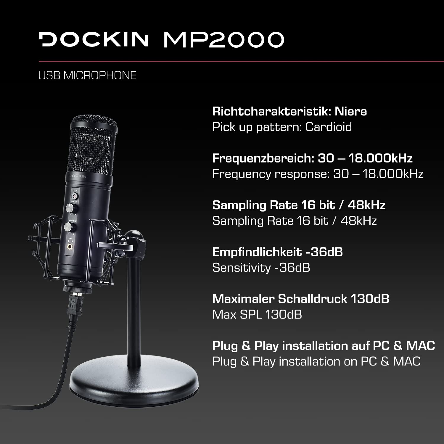 DOCKIN MP2000 Mikrofon USB Do PC Gaming Podcast Streaming Nagrywanie — miniatura 2