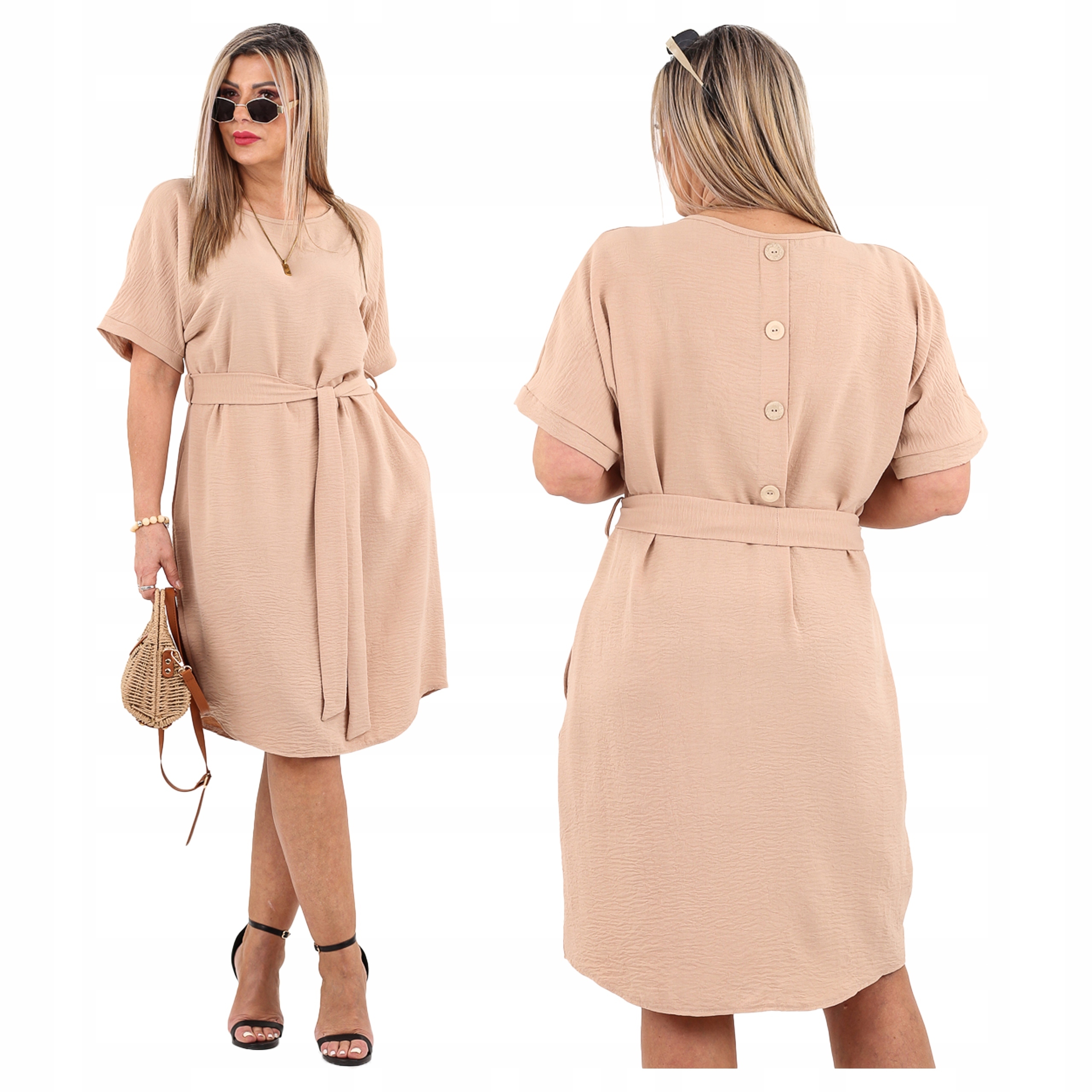 Luźna Sukienka Z Wiązaniem Duże Rozmiary Polski Producent Z Guzikami Z Tyłu