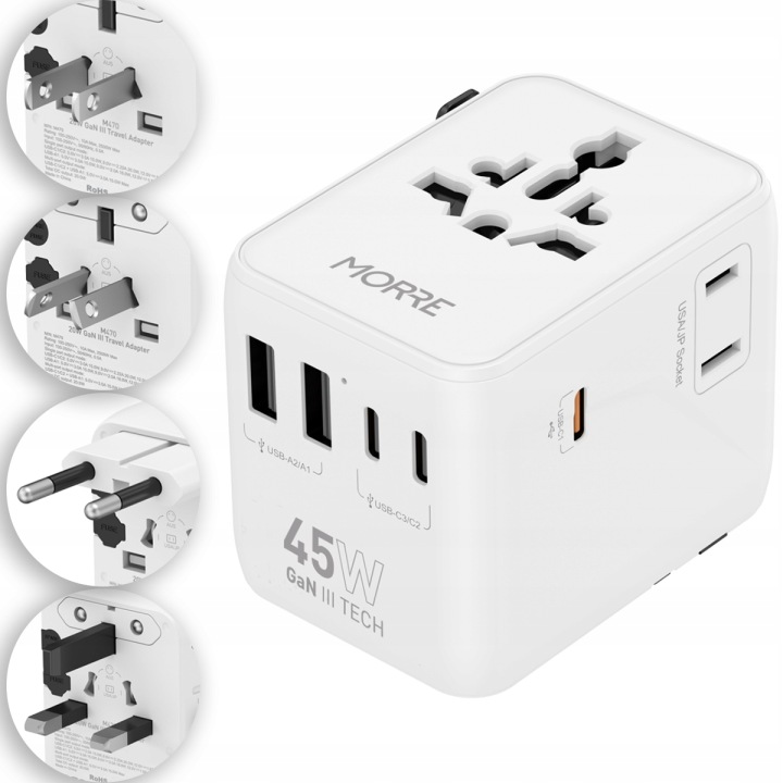 Adapter Podróżny 45W 2xUSB-A 3xUSB-C Z Ponad 170 Narodów Morre M471 Biały