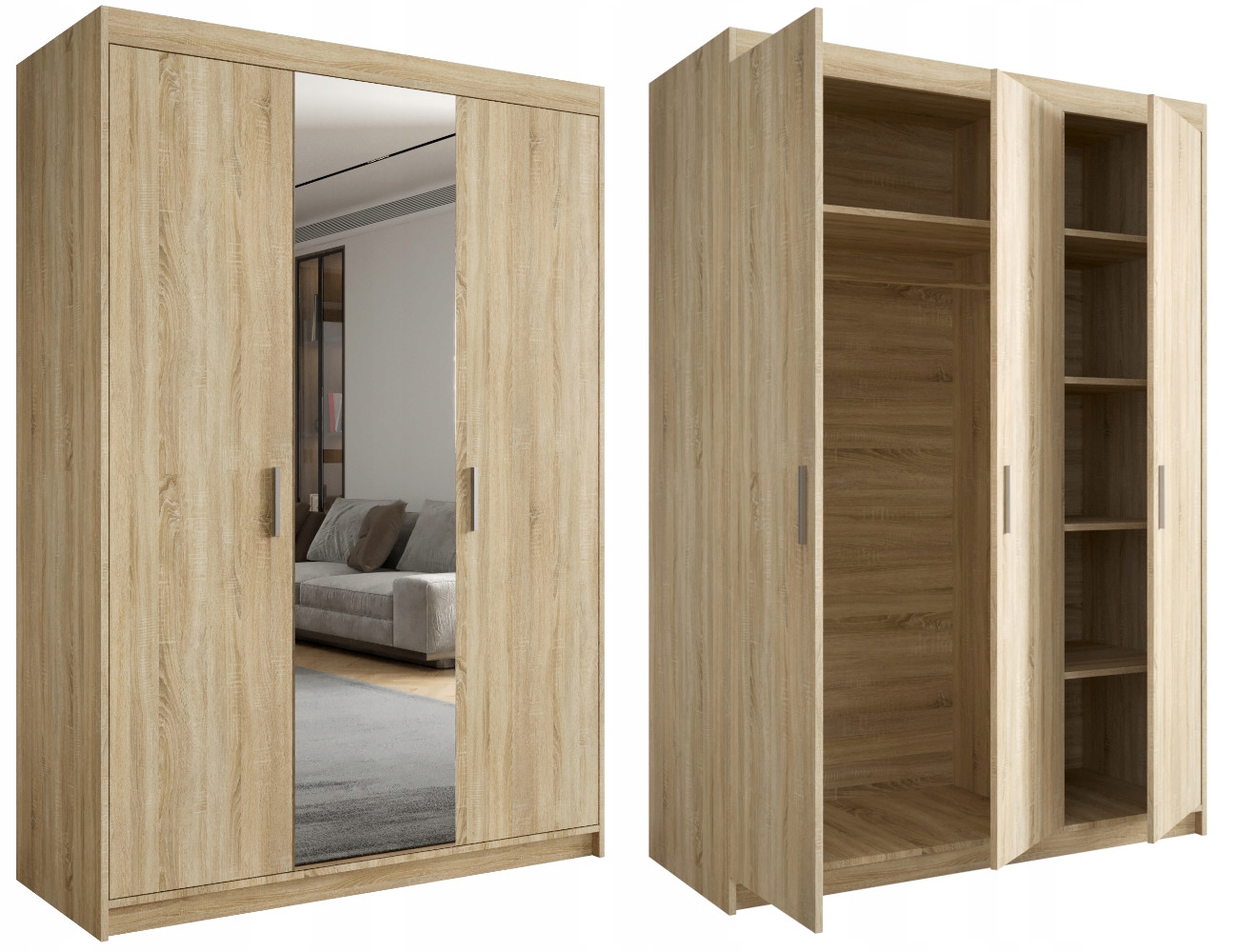 Skříň 3-dvéřová Zrcadlo Klasická Sonoma 130 LESZ9 Šatní skříň police O-sofa