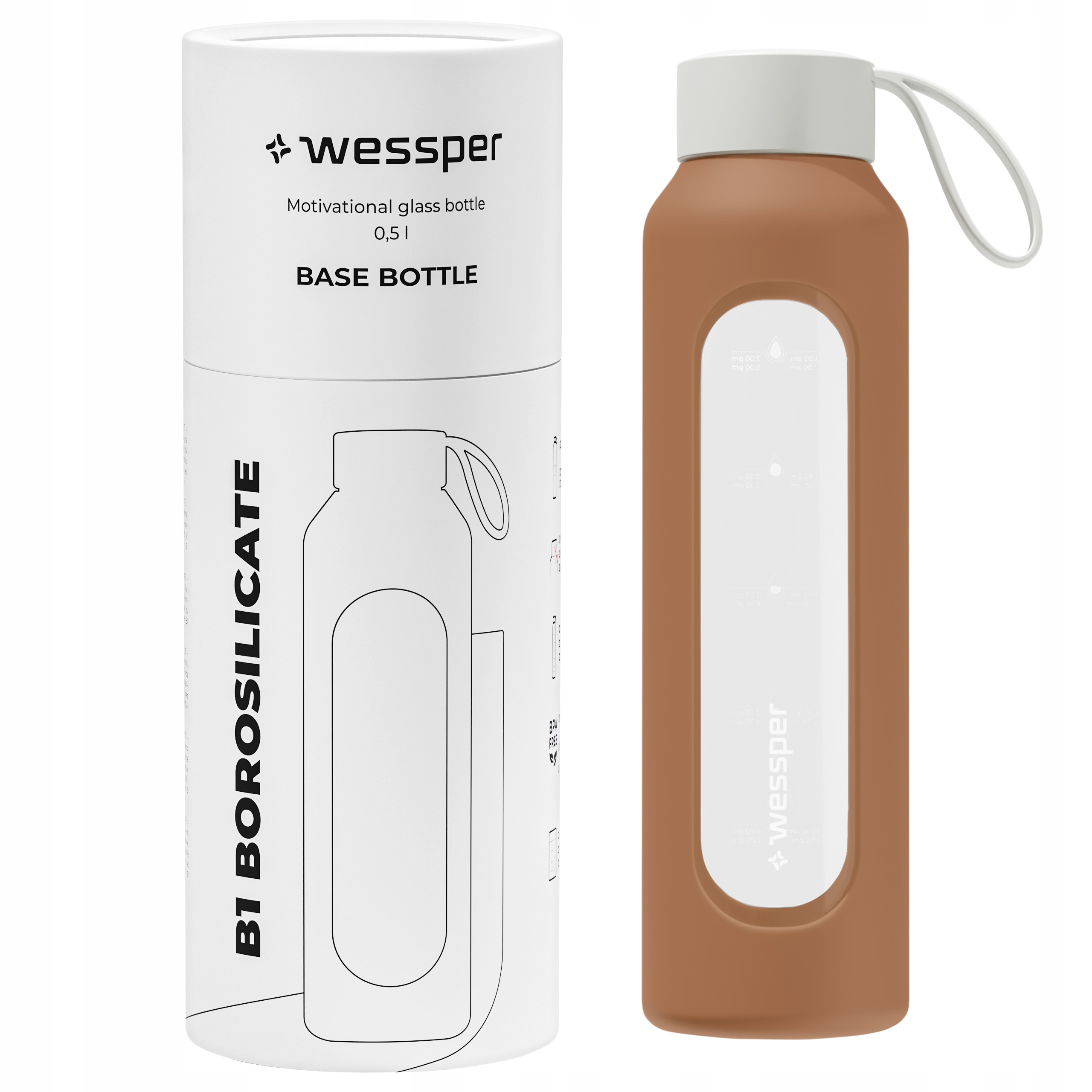 Motywacyjna szklana butelka na wodę 0,5 l Wessper B1 Borosilicate Mokka