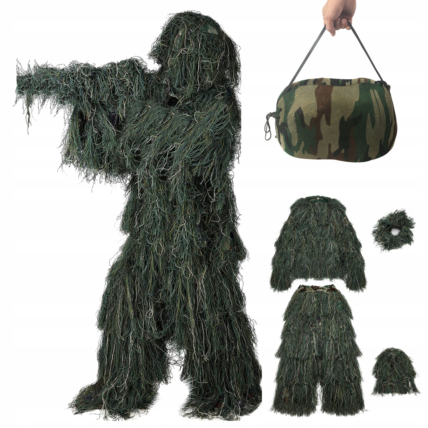Ghillie Maskovací Oblek 5V1 Lovecká Kamufláž Survival Komplet Pro Párty
