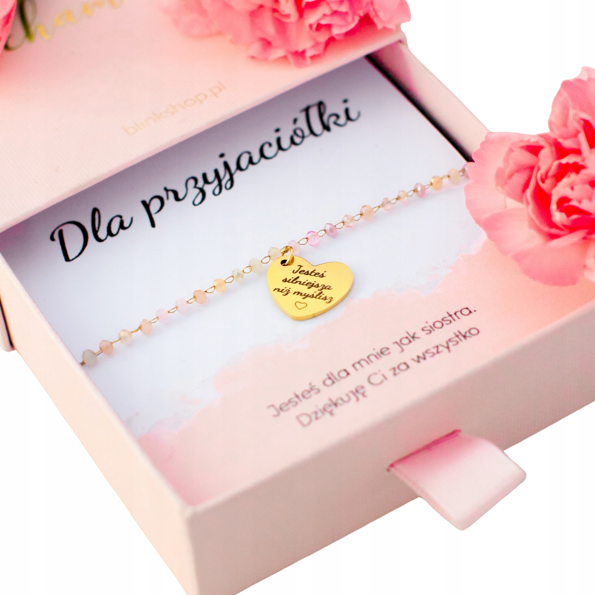 Złote serduszko z grawerem jesteś silniejsza niż myślisz bransoletka stal