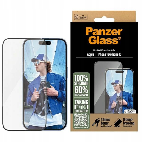 Sklo Panzerglass pro iPhone 16 15, tvrzené, 9H, pevné na přední displej