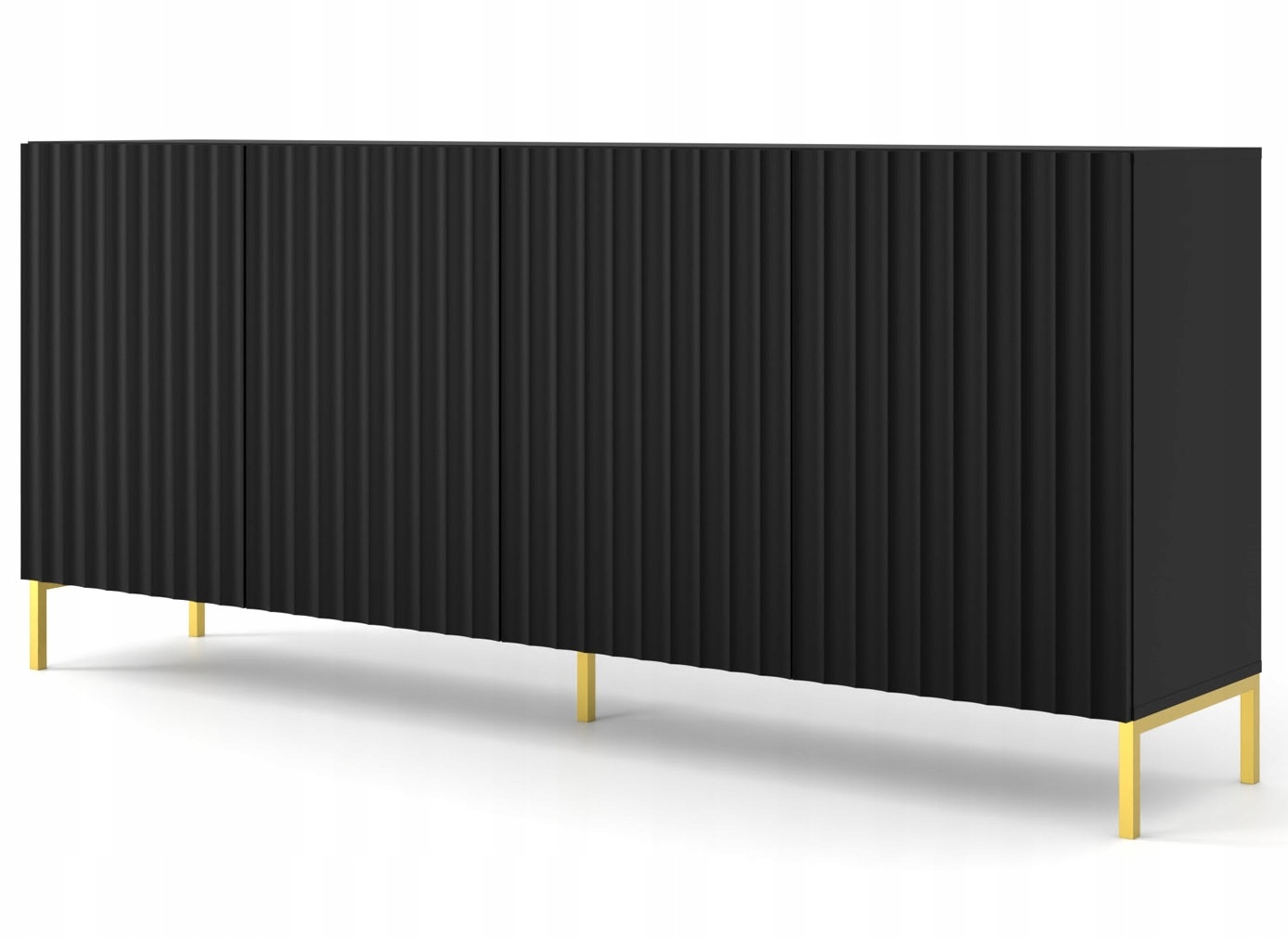 Komoda Wave 200 cm 4D fréza černá matná kovové nohy zlatá frézovaná čela