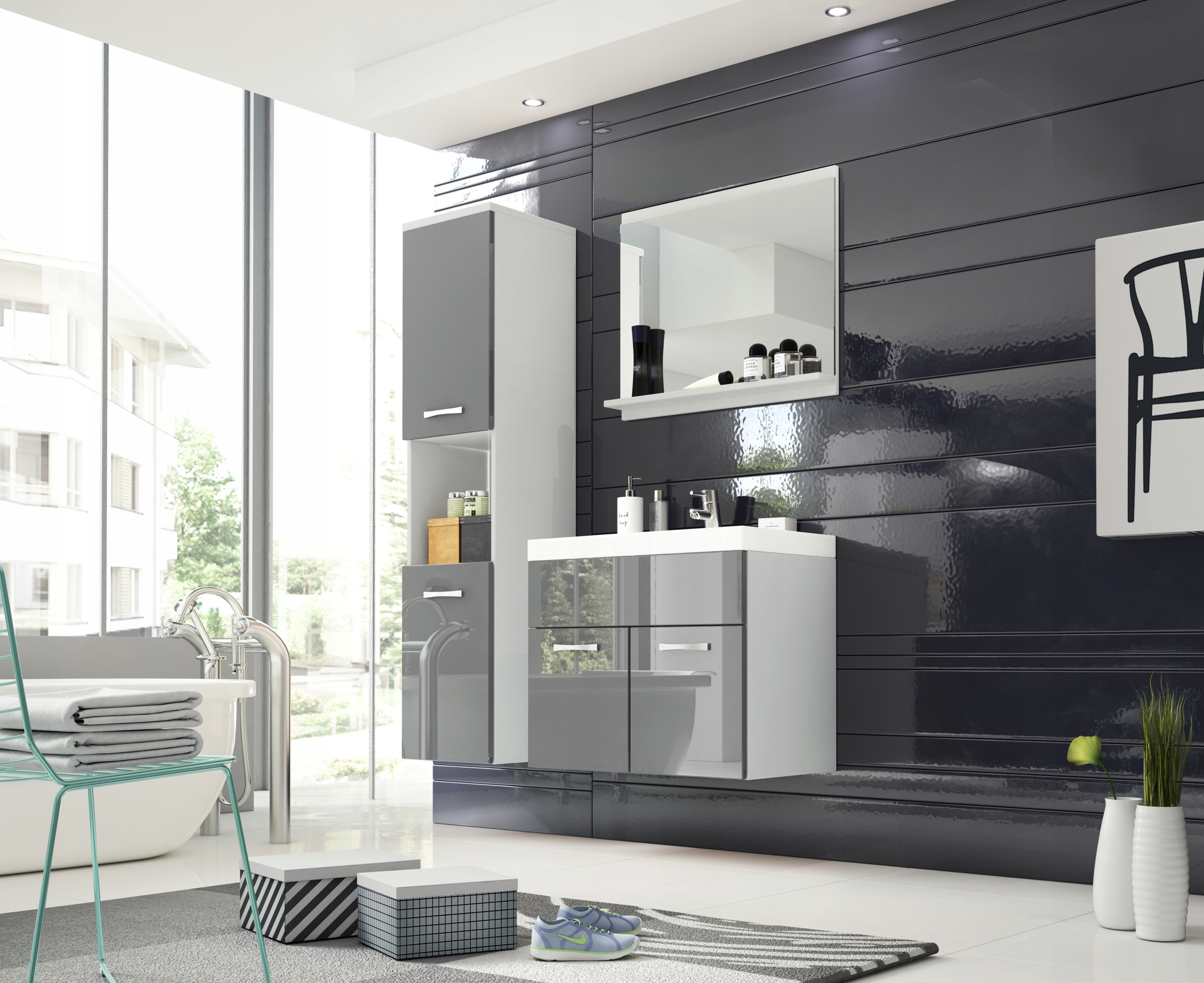 Meble łazienkowe MONTREAL, umywalka, lustro DĄB WOTAN Kolor frontów dąb wotan