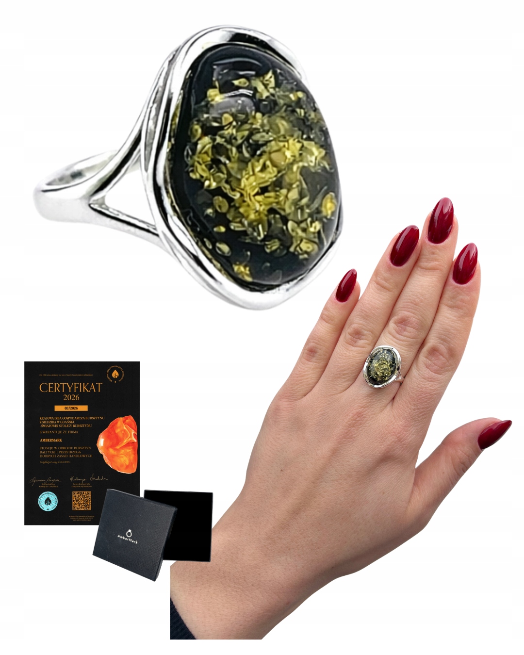 Prstýnek se zeleným jantarem Velikost 14 stříbro 925 jantar