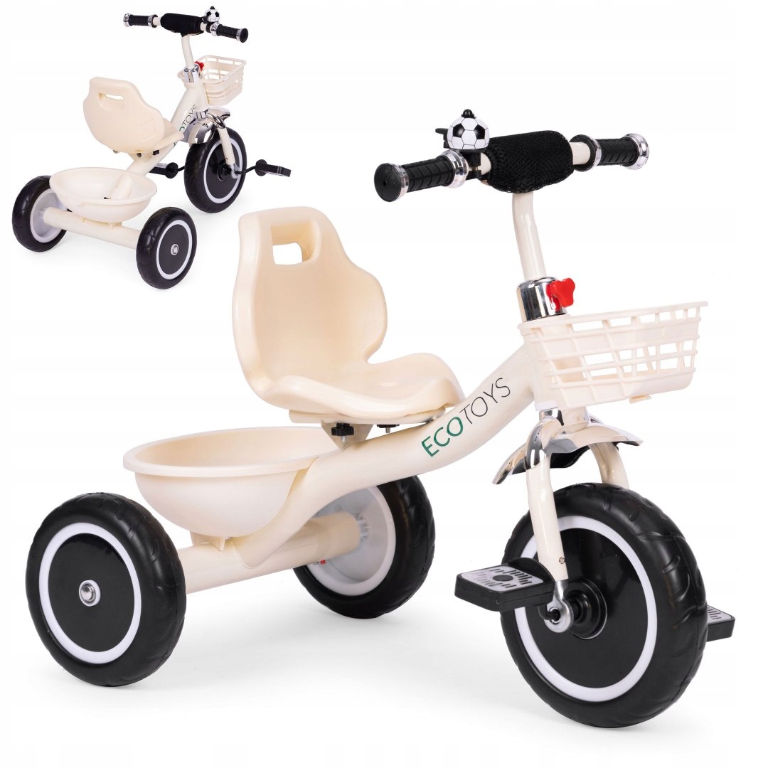 Rowerek trójkołowy antypoślizgowe uchwyty dzwonek koszyk beżowy Ecotoys