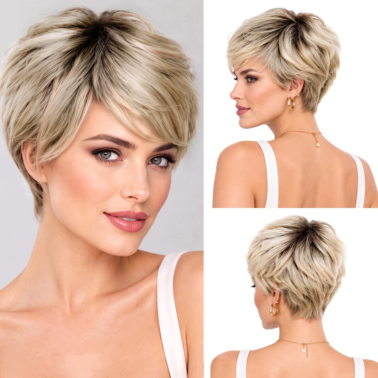 Syntetická paruka s umělými vlasy Pixie Cut krátká, rovná, blond, odrost 92 g