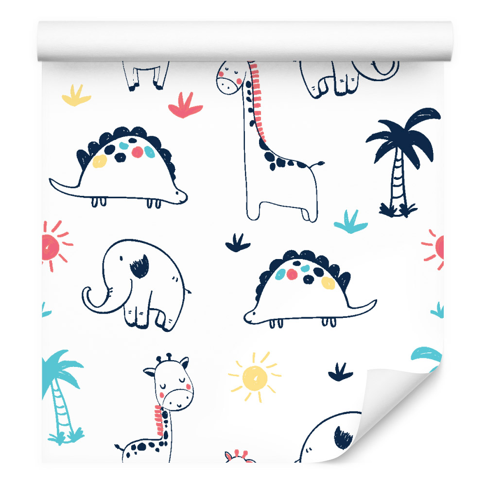 Tapeta pro děti, dinosauři, palmy, rostliny, slunce