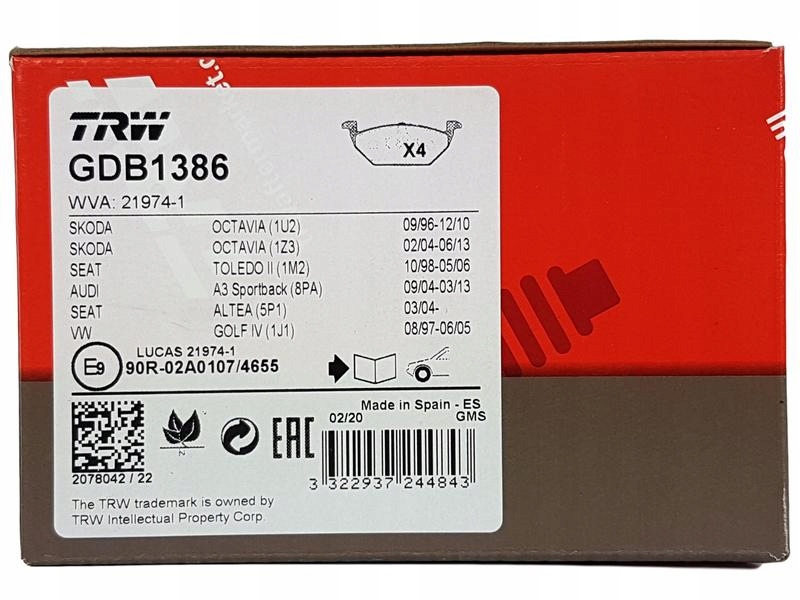 TARCZE KLOCKI TRW OCTAVIA II TOLEDO III GOLF V A3 Typ samochodu Samochody dostawcze Samochody osobowe