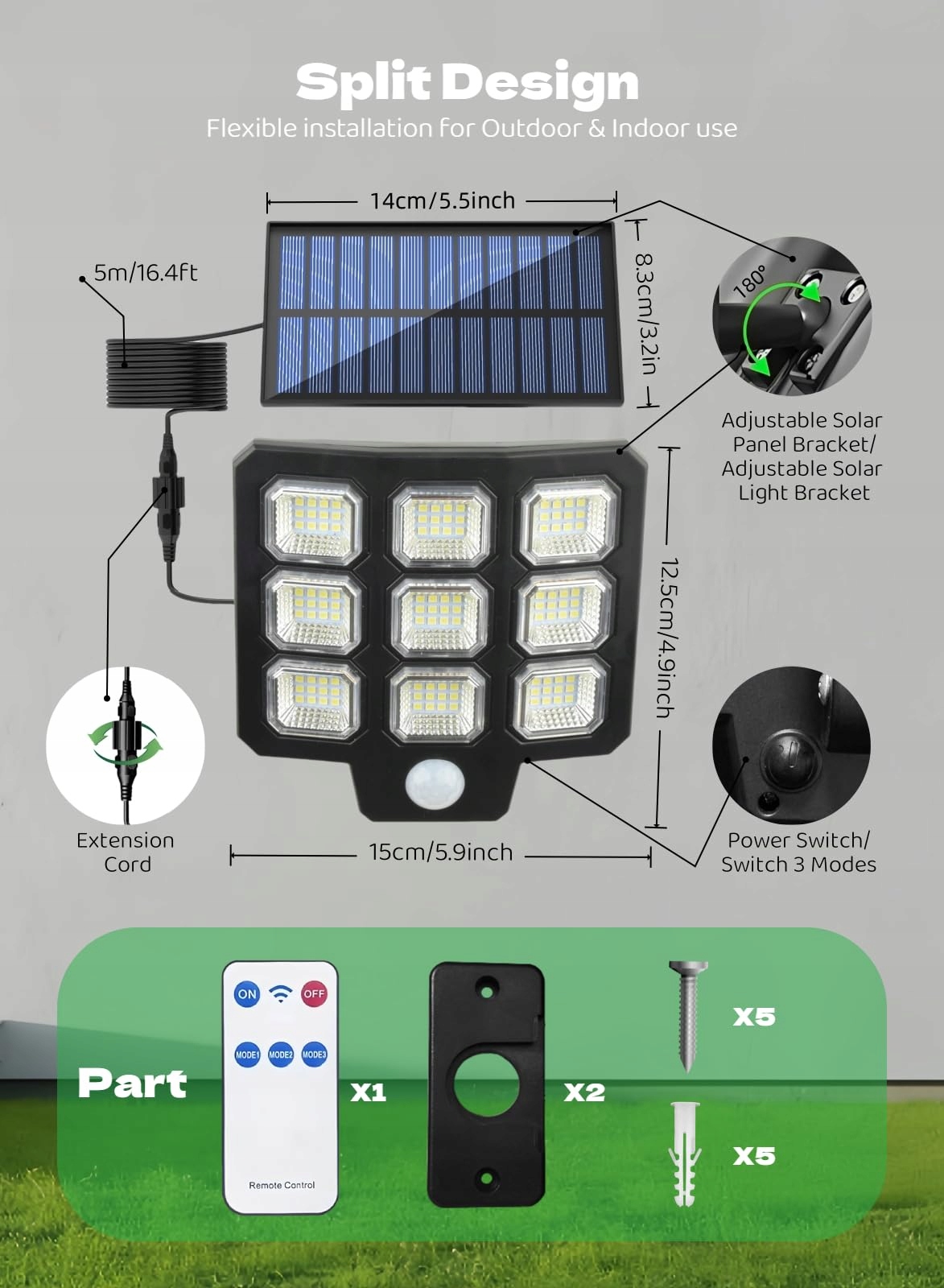 Lampa Solarna Z Czujnikiem Ruchu Z Pilotem Do Ogrodu Garażu IP65 WEGOODLIFE — miniatura 3