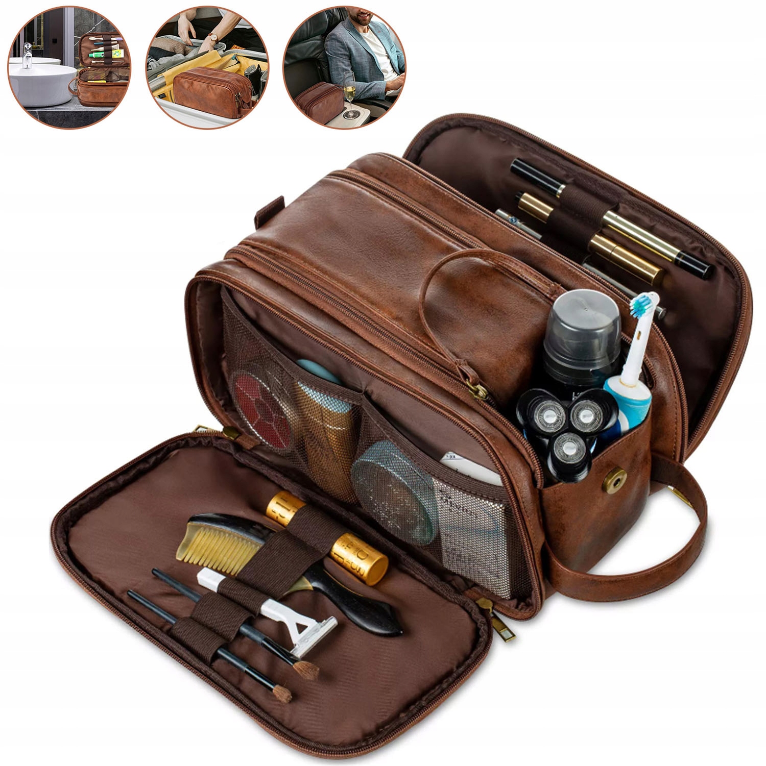 Velká Pánská Kožená Cestovní Kosmetická Taška, Hnědá