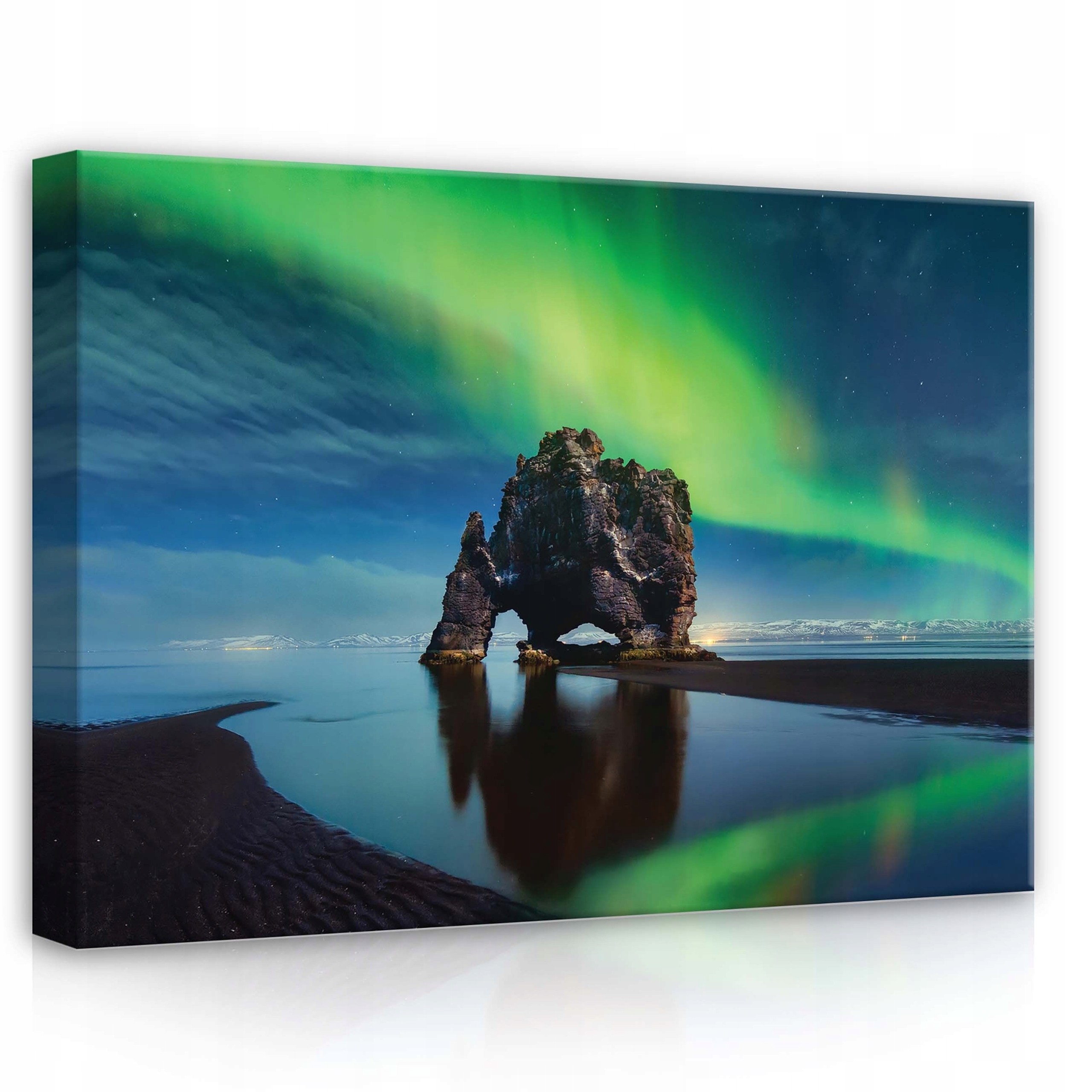 Obraz 70x50 polární záře skála moře noc odraz Island mystika