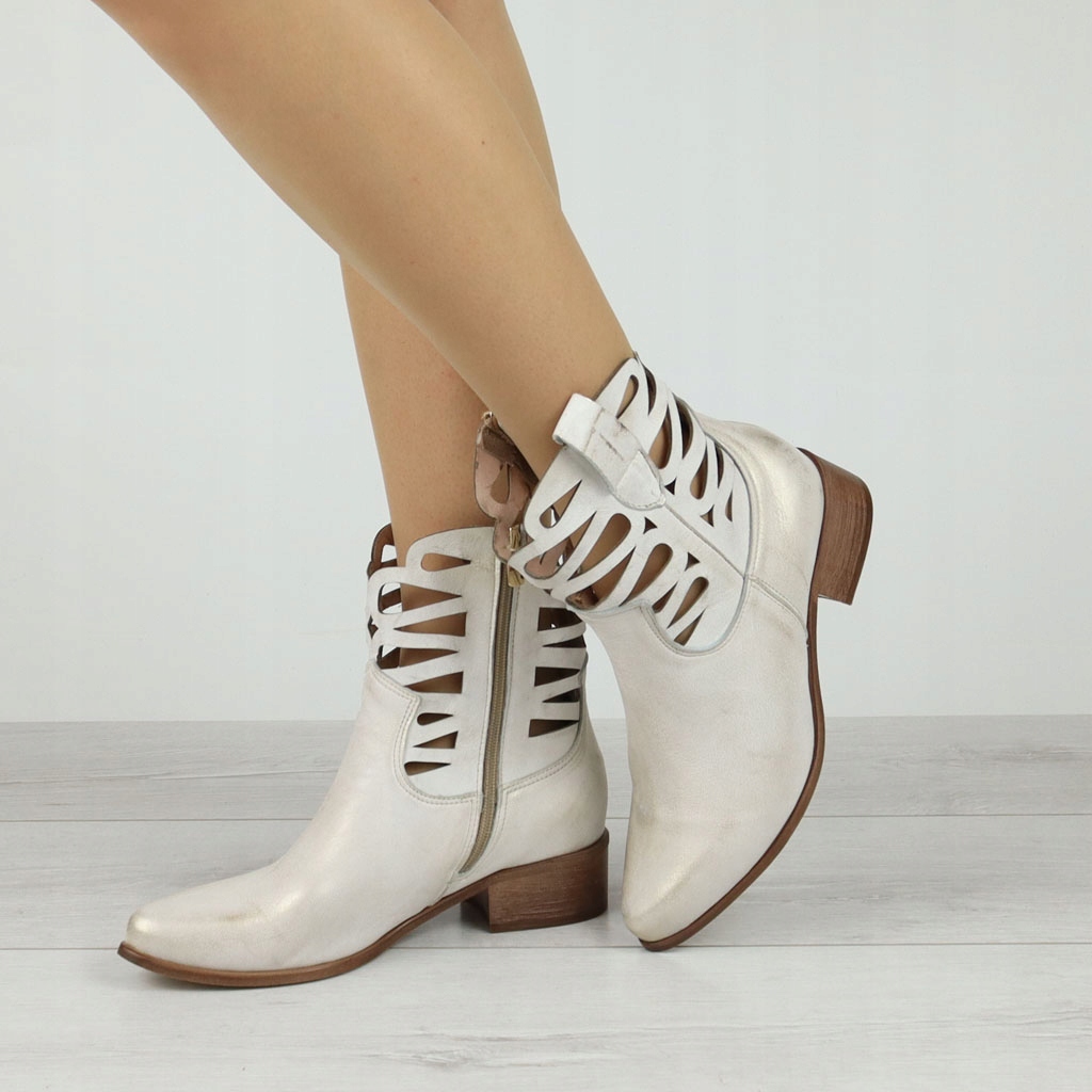 Botki Ażurowe Na Klocku Lewski Złote przecierane Skóra Naturalna 39 Marka Lewski