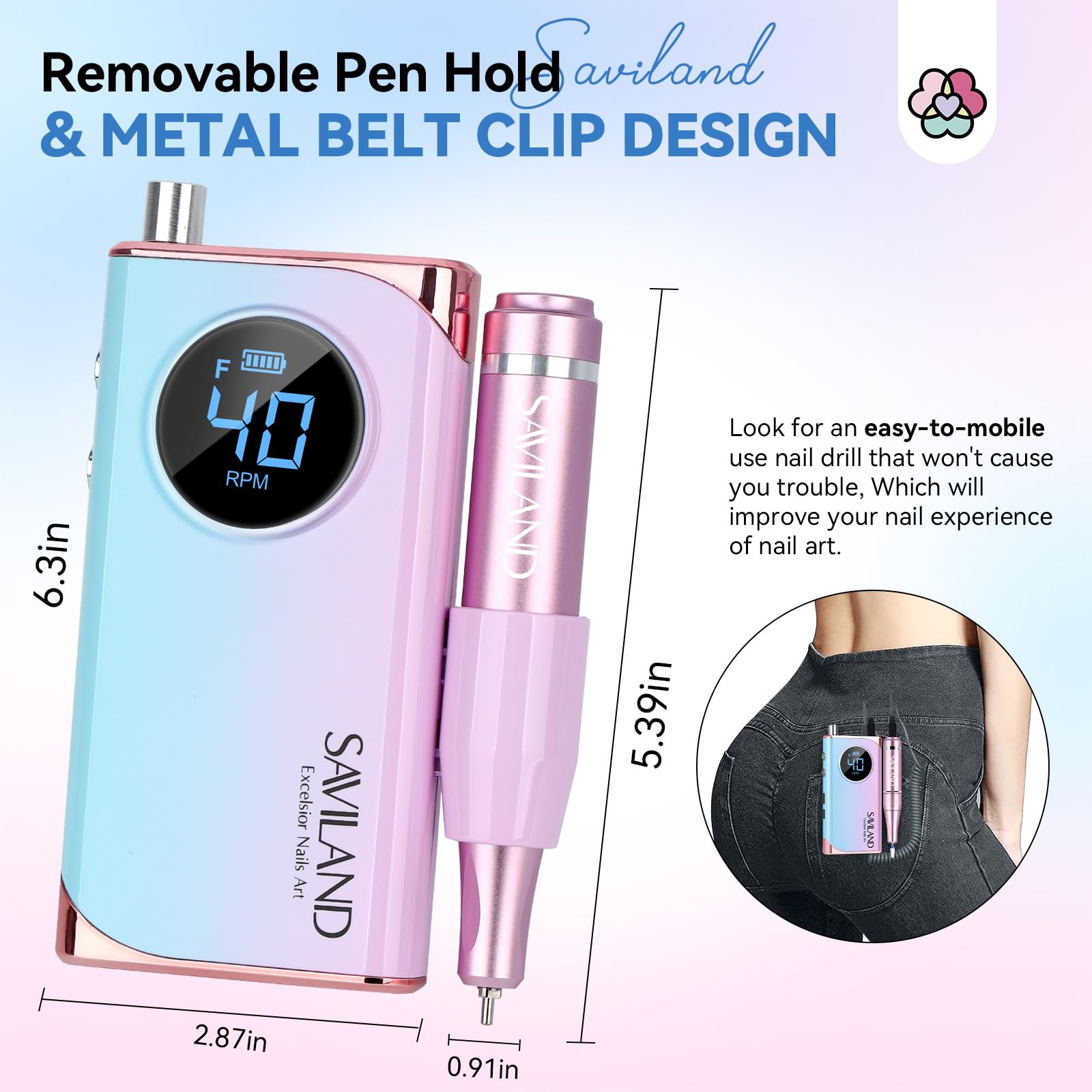 SAVILAND Elektryczna Frezarka Do Paznokci 40000RPM Manicure Pedicure Domowy — miniatura 6