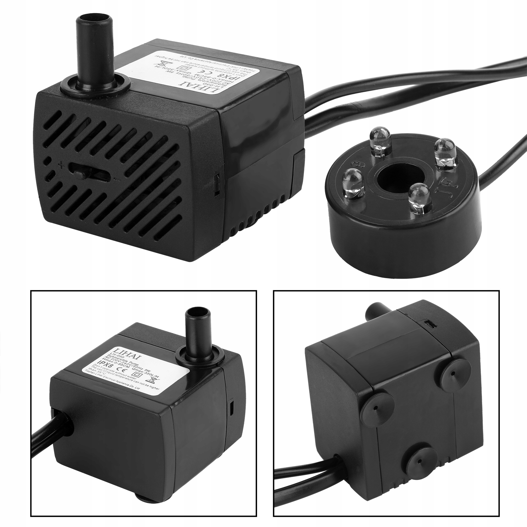 MINI POMPA DO FONTANNY OGRODOWEJ DOMOWEJ 5W 350l/h Z 4 LED Szerokość produktu 4.7 cm