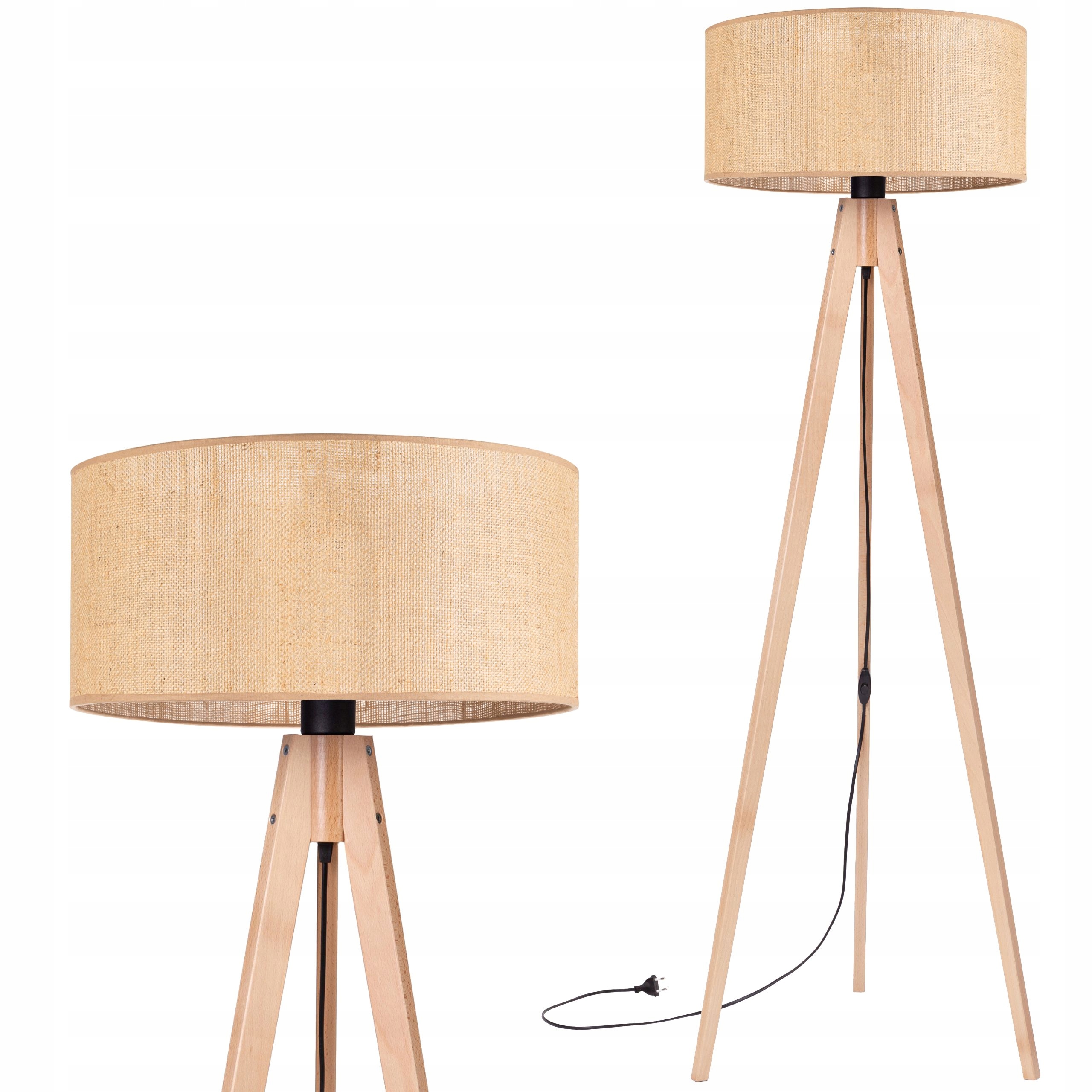 Lampa stojąca podłogowa Rustykalna Trójnóg buk Abażur Juta beżowy