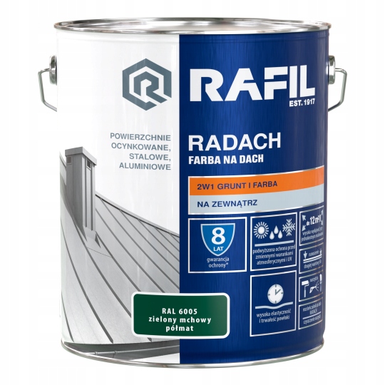 Rafil Radach Farba Na Dach 10L Zielony Mchowy Półmat Ral 6005