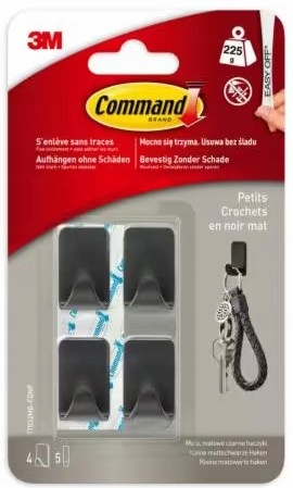 HACZYKI SAMOPRZYLEPNE CZARNE MATOWE BEZINWAZYJNE OZDOBNE 3M COMMAND 4SZT