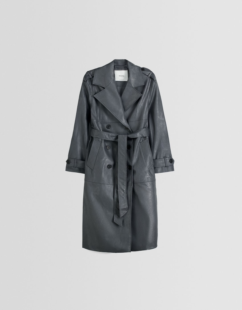 BERSHKA - szary grafitowy płaszcz z eko skóry - M