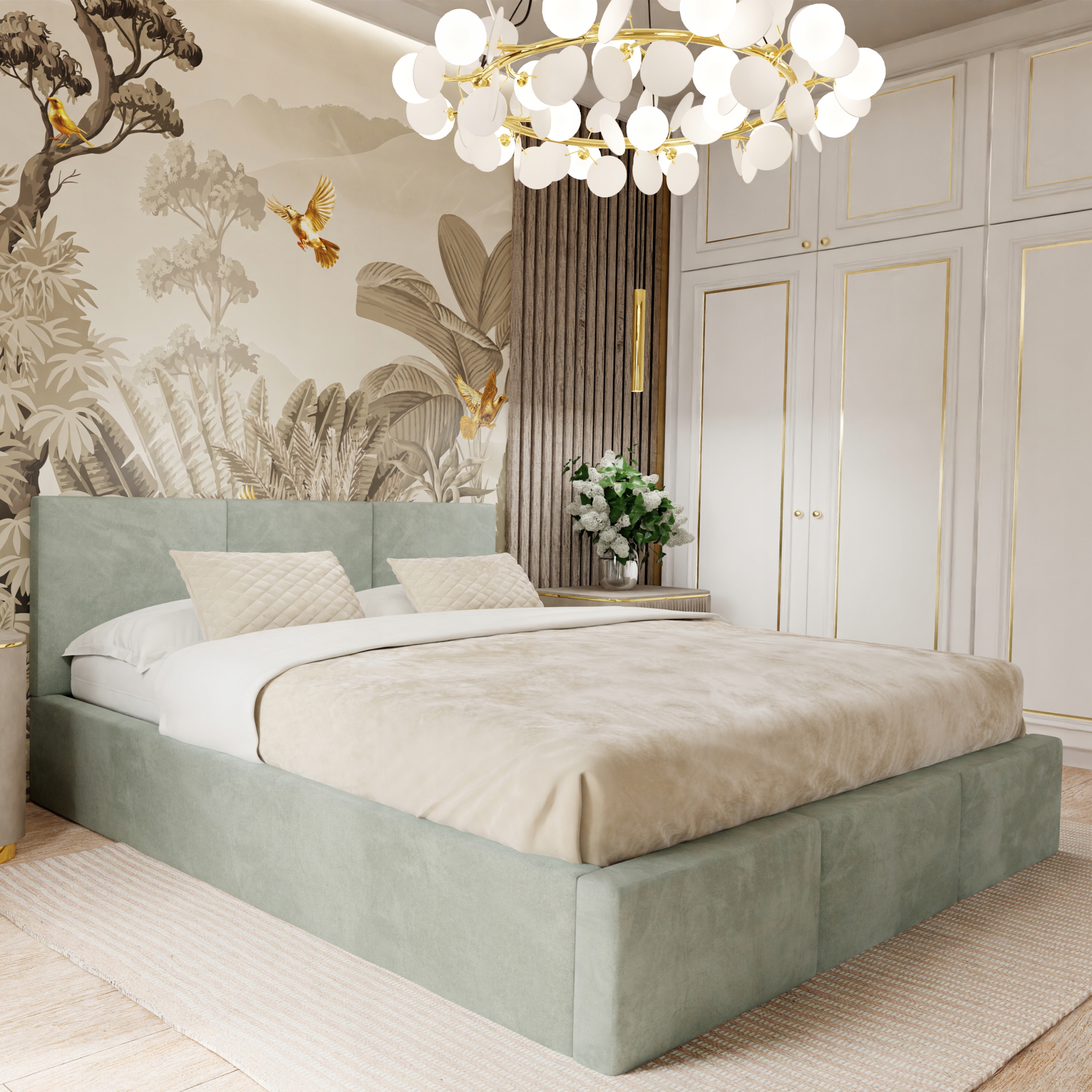 Čalouněná Postel Do Ložnice 160x200 Dvoulůžková Postel S Úložným Prostorem Mátová