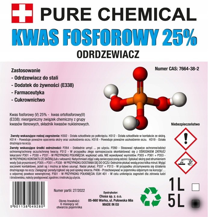 ODRDZEWIACZ DO STALII I ŻELIWA KWAS FOSFOROWY 25% 5L EAN (GTIN) 5901138049280