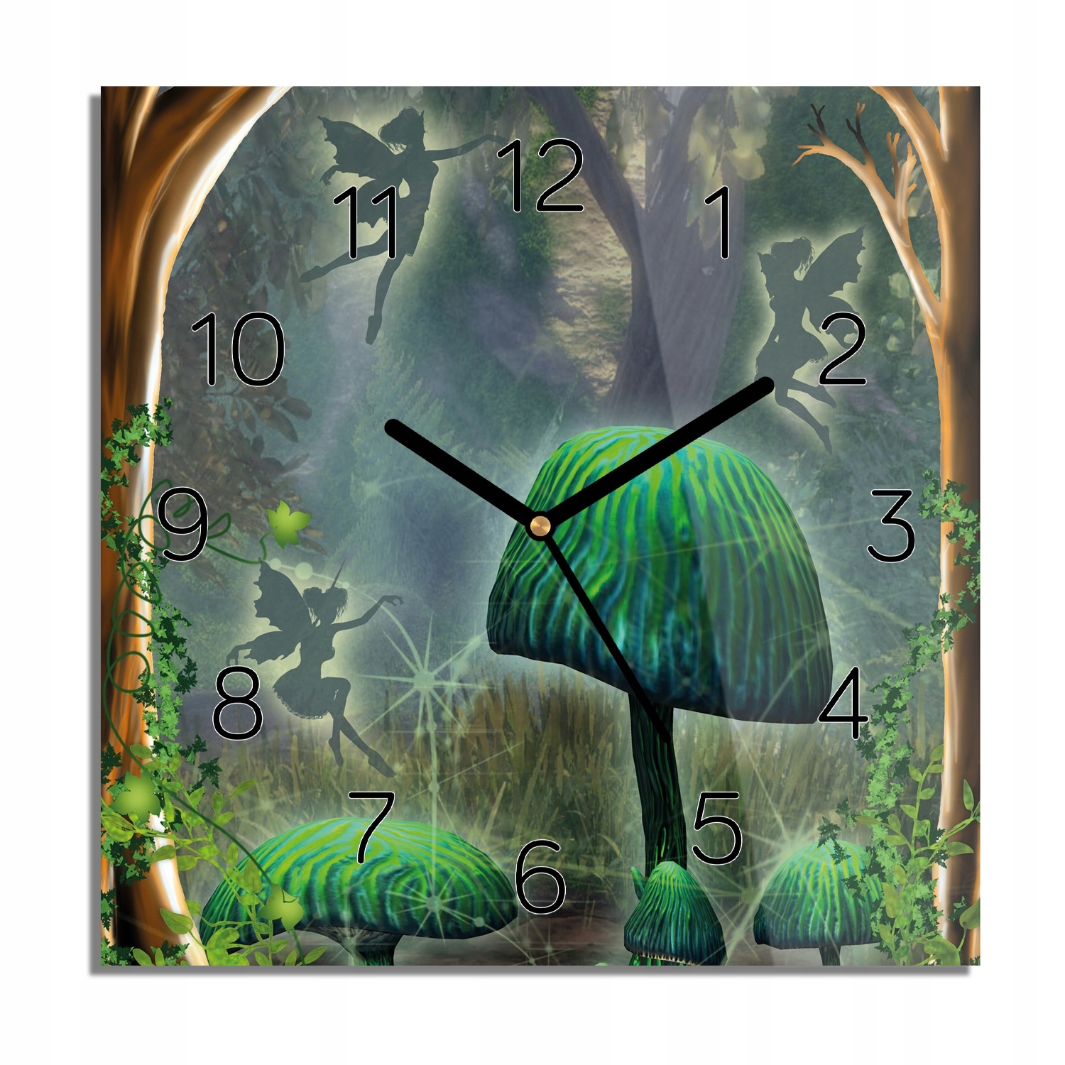 

Elfy grzyby las zegar na szkle do sypialni 30x30