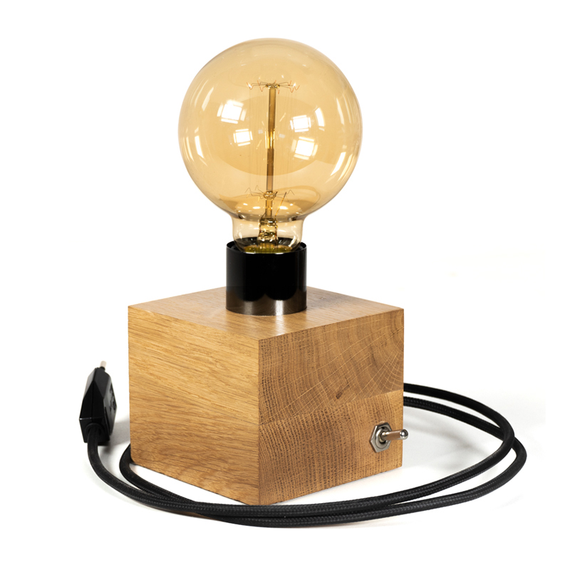 Lampka Nocna Stołowa Edison Dąb Naturalny 10x10 CM Retro Żarówka E27 40W