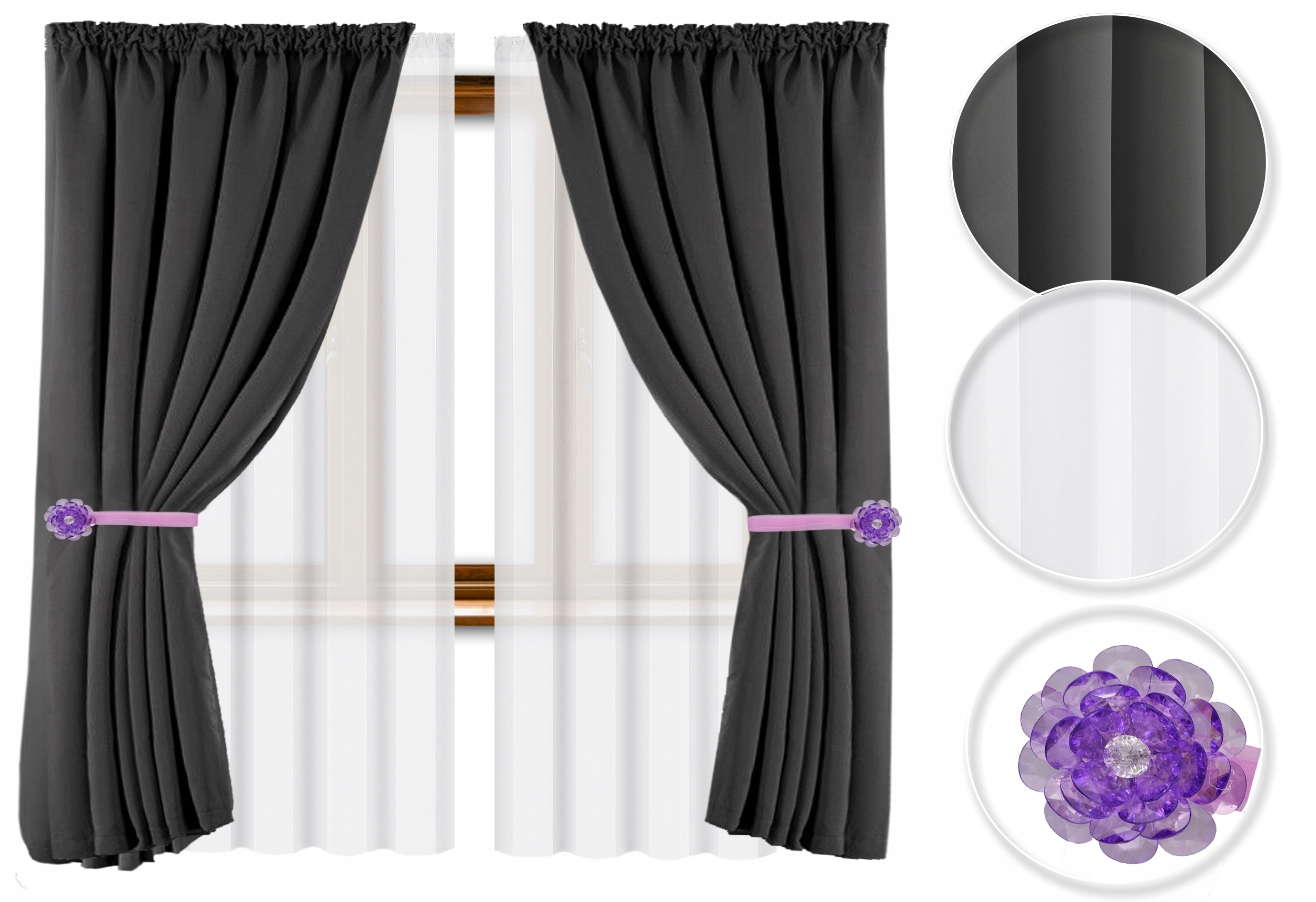 KOMPLET 2x FIRANY WOALOWE + 2x ZASŁONY + 2x OZDOBNE SPINKI ZESTAW NA TAŚMIE