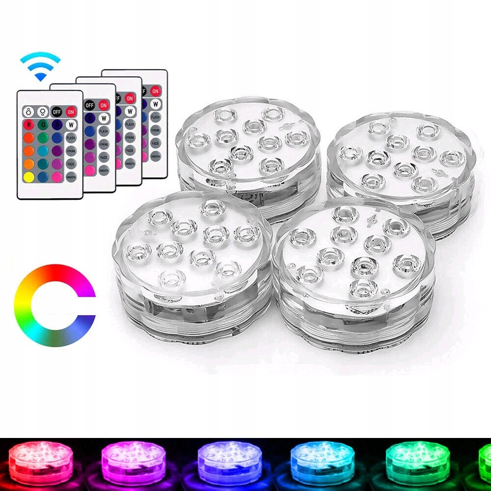 Voděodolné Rgb Led Lampy S Dálkovým Ovládáním 4 Ks Bazén Zahrada Vana Pilot