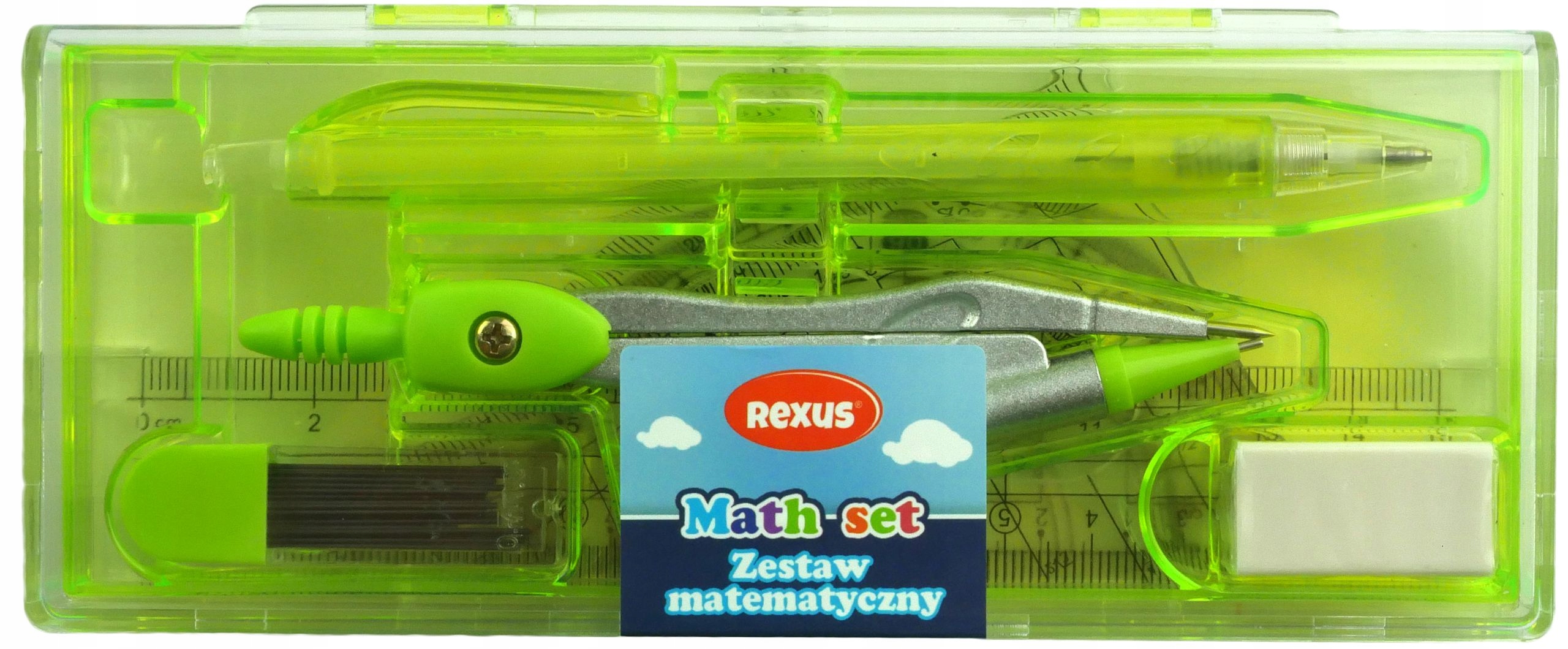 ZESTAW MATEMATYCZNY GEOMETRYCZNY SZKOLNY ZIELONY CYRKIEL KĄTOMIERZ LINIJKA