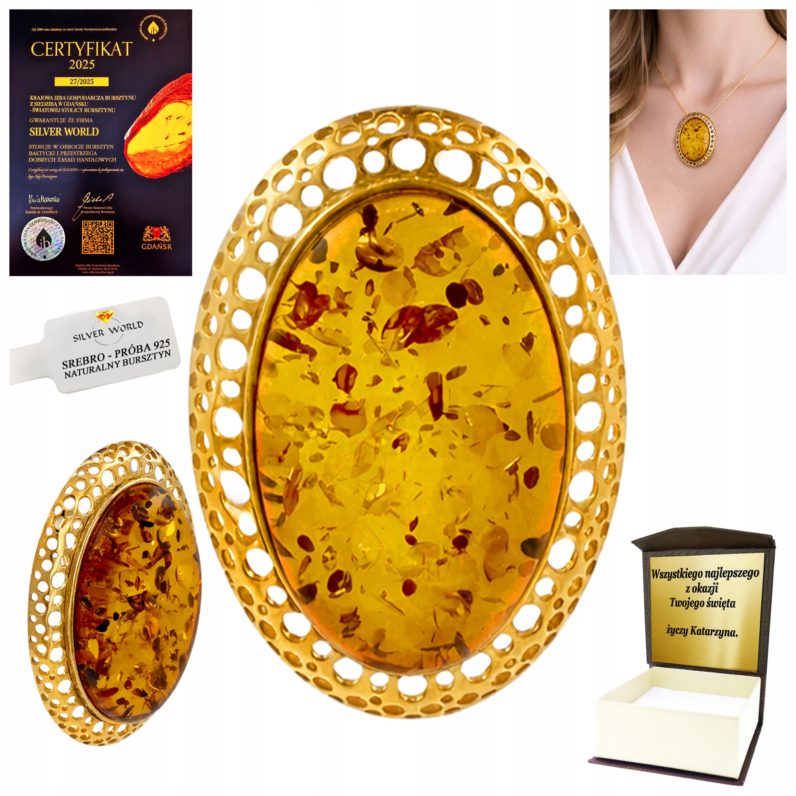 Přívěsek Stříbro S Koňakovým Jantarem Jako Dárek Gravírování WB52