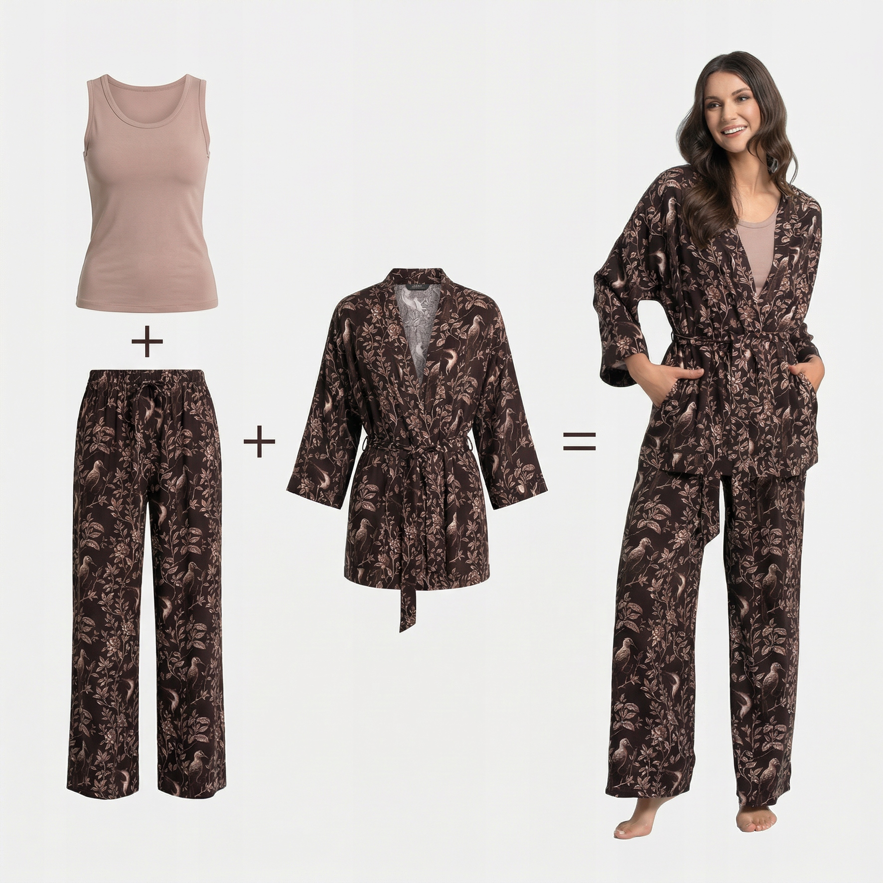 Szlafrok Zestaw Piżama Damska Moraj Komplet Brązowy S