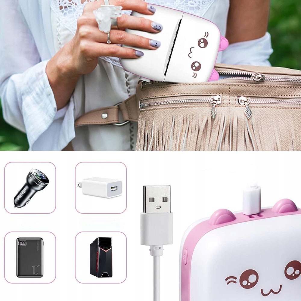 MINI DRUKARKA TERMICZNA DRUKUŚ PRZENOŚNA BEZPRZEWODOWA BLUETOOTH + 21 ROLEK Model DRUKUŚ PINK
