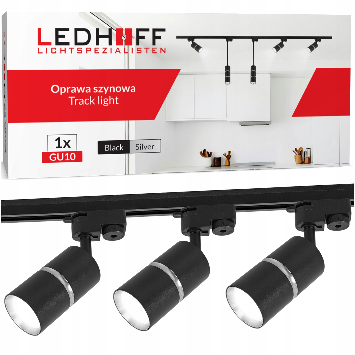 Szynoprzewód Szyna listwa 1m 3x reflektor GU10 Czarna srebrna lampa Led
