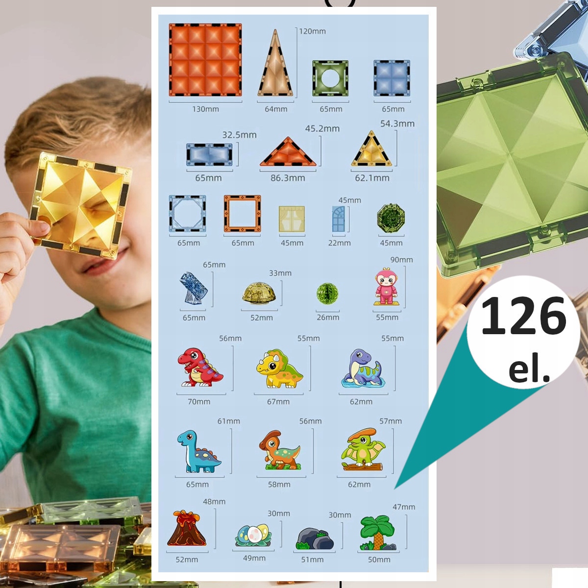 ZESTAW MAGNETYCZNY KLOCKI KONSTRUKCYJNE DLA DZIECI ŚWIECĄCE 126 elementów Wiek dziecka 3 lata +