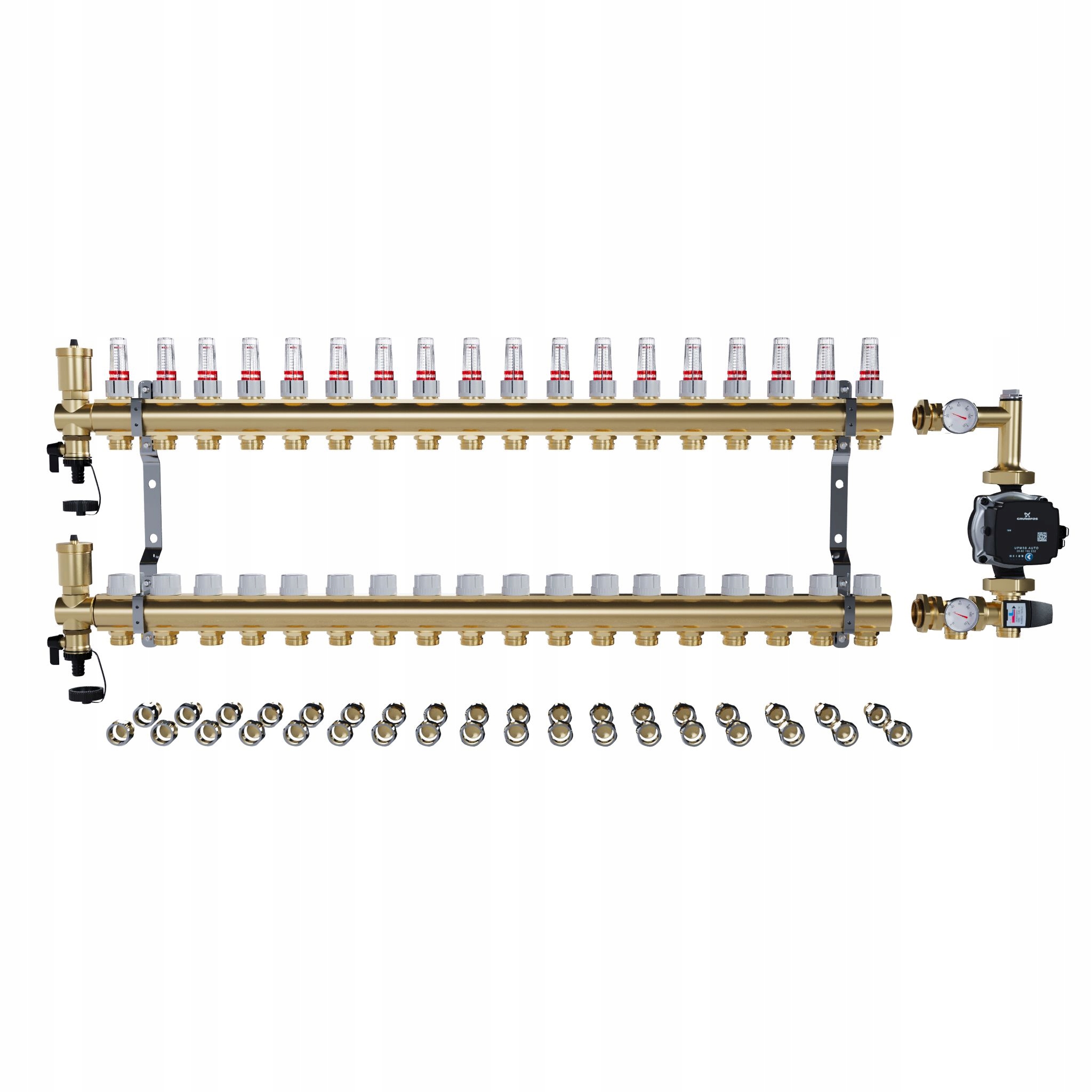 Rozdělovač pro podlahové topení 18 sekcí Spojky Pex+pompa Grundfos