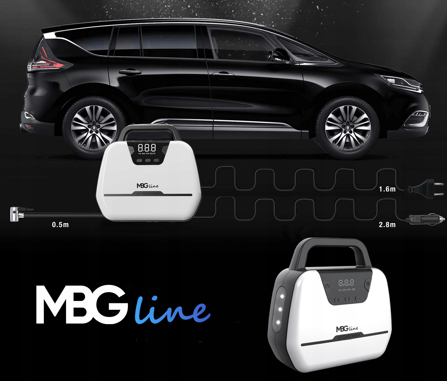 KOMPRESOR SAMOCHODOWY 12V / 230V Pompka Sprężarka LED LCD Pokrowiec Latarka Marka MBG Line