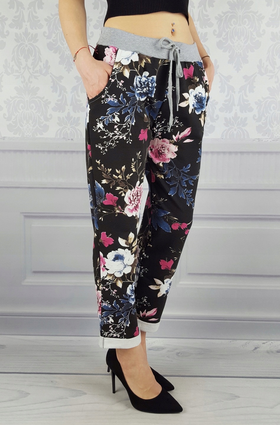 WYGODNE - SPODNIE - DRESOWE - KWIATY - Plus - Size Stan (wysokość w pasie) wysoki