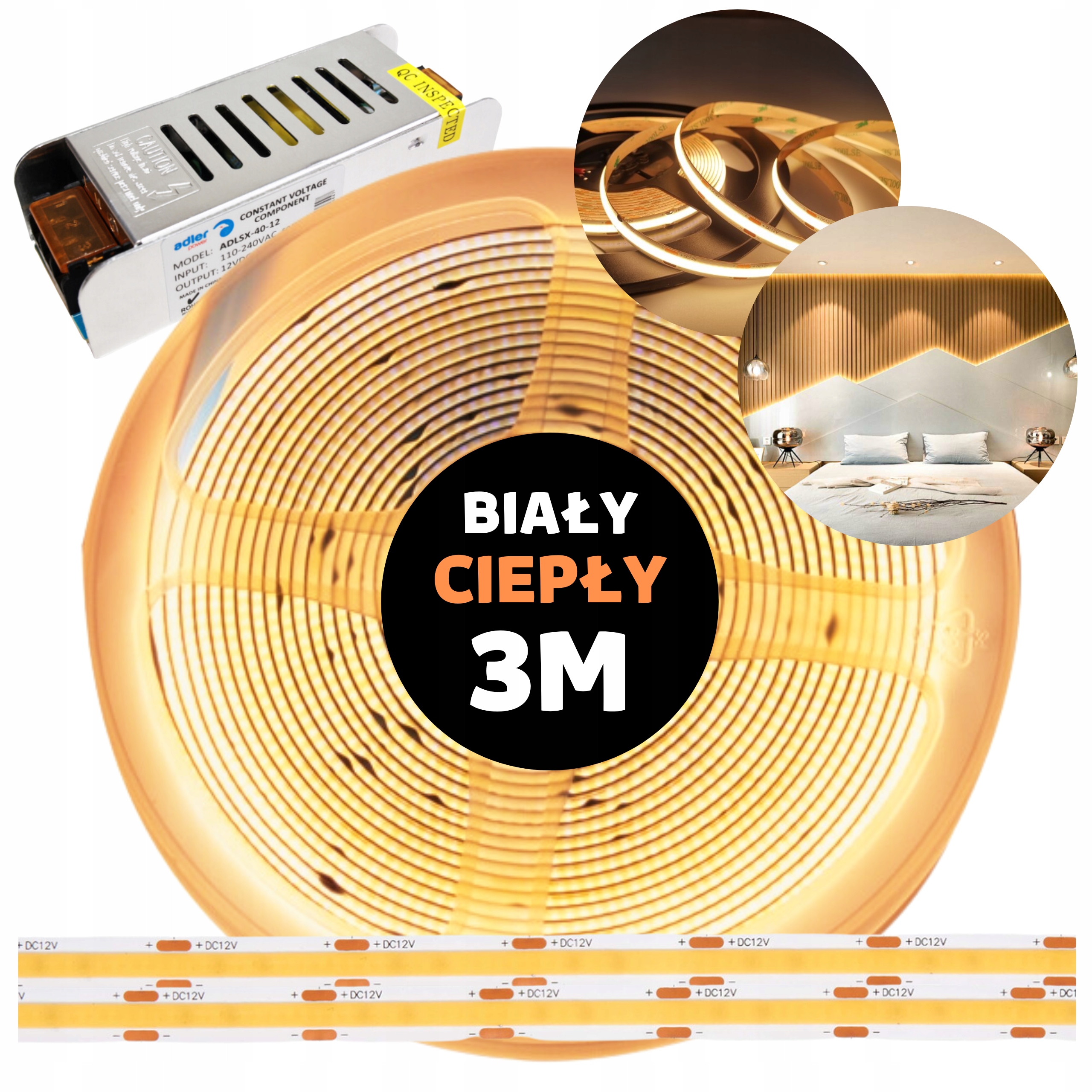 Pásek Led Cob kontinuální neonová linka s napájecím zdrojem bílý teplý 12V 3M