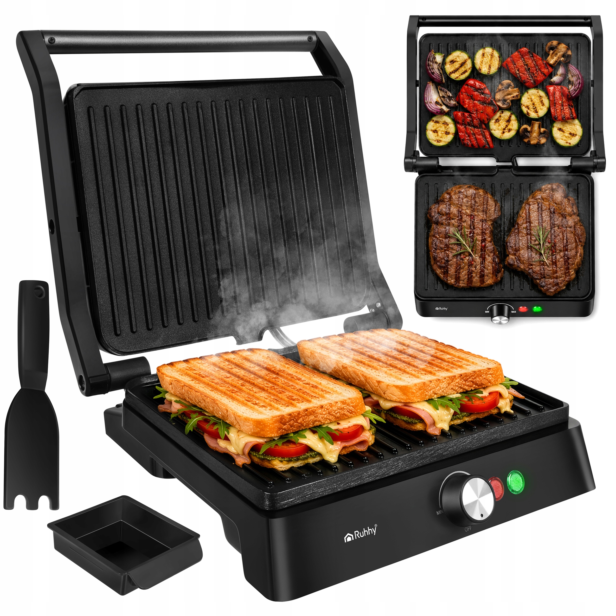 Grill Elektryczny Opiekacz Rozkładany 2000W Kontaktowy Regulacja Temp.