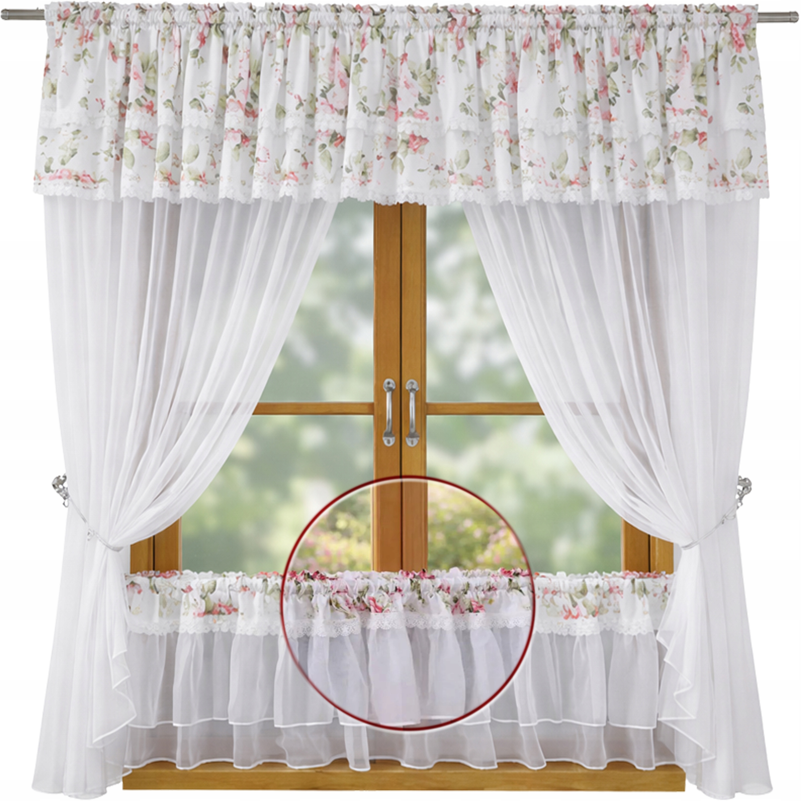 Firana Gotowa Woal Biała Kwiaty Z Zazdrostkami Z Falbanką 300X150 Na Taśmie