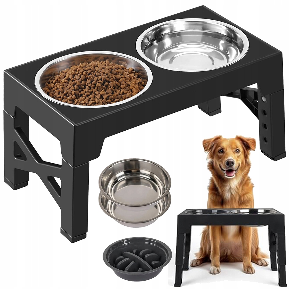 Levně Misky Na Stojanu Pro Psy (nepostříkající Zpomalující) – Nastavitelné 3V1